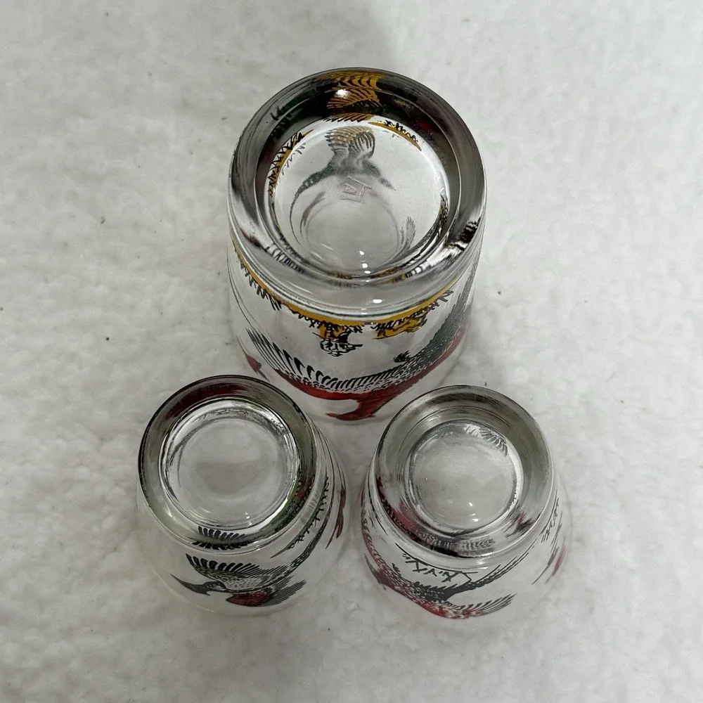 Vtg Hazel Atlas Pheasant Drinking 6 Glasses Tumblers  Shot Tumbler Red Gold 5